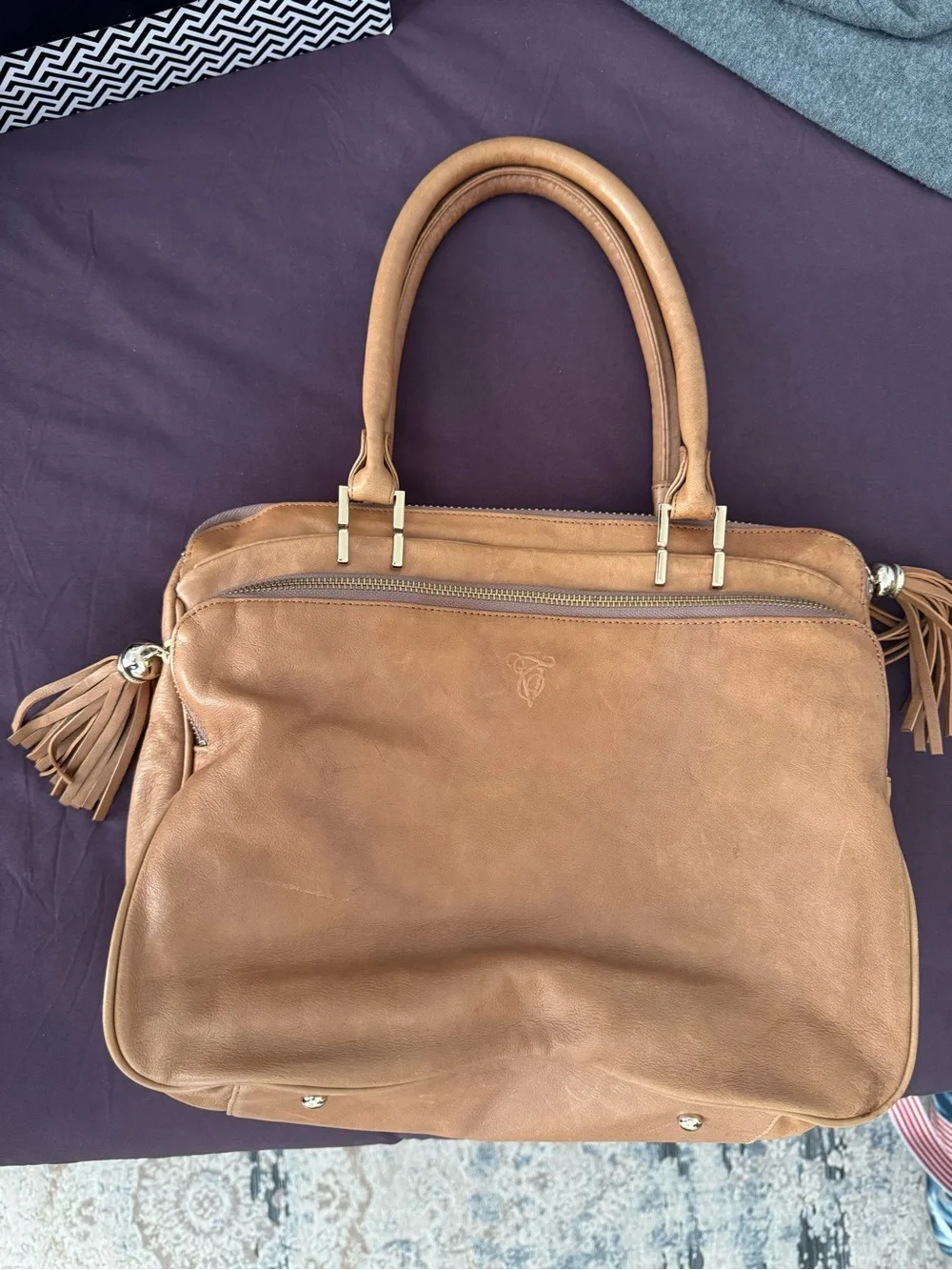 Tre Vero Cognac Leather Satchel with Gold Hardware